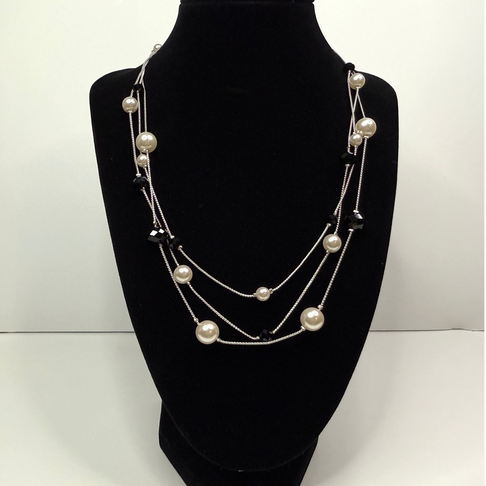 RMN Layered Statement Necklace Faux Pearls Black Glass Beads Silver Tone Jewelry